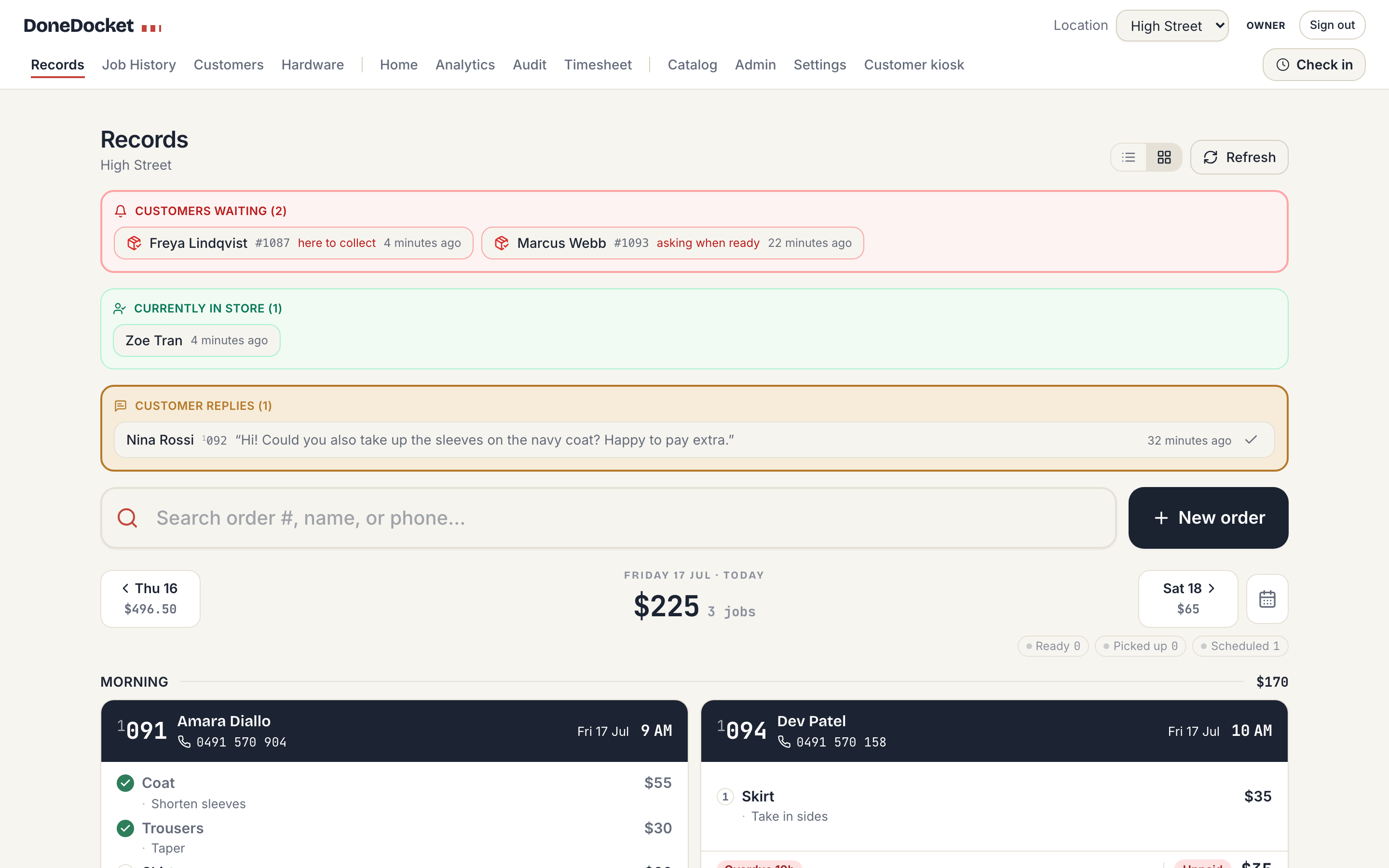 The DoneDocket day board: customers-waiting, in-store and replies strips, the day headline with jobs and dollars, and docket cards for the day's work.