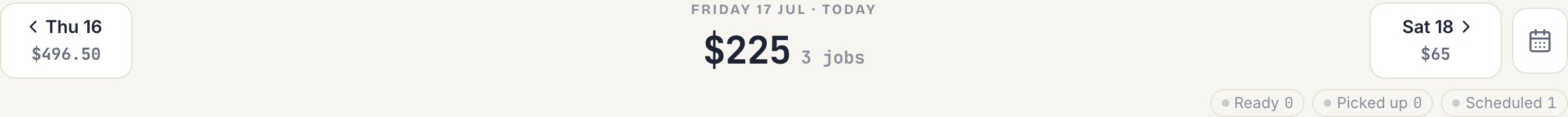 The day navigation: yesterday and tomorrow peek buttons labelled with their dollar totals either side of today's headline.