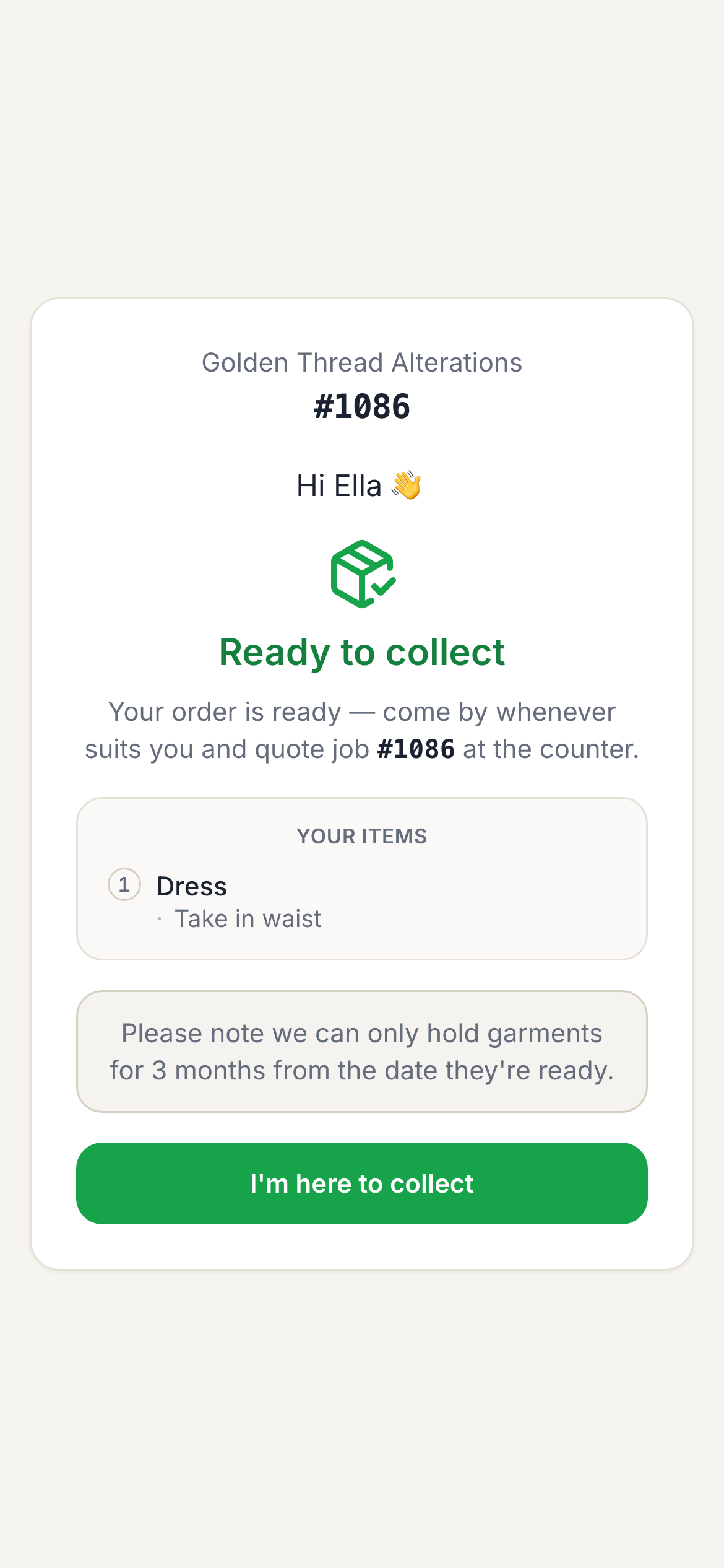 The customer's order page on a phone: Ready to collect, the items, and an I'm-here-to-collect button.
