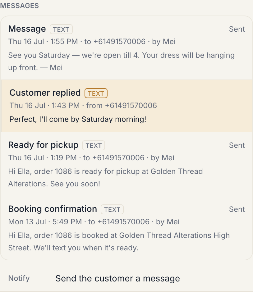An order's message thread: booking confirmation, ready text, the customer's reply, and the staff answer.