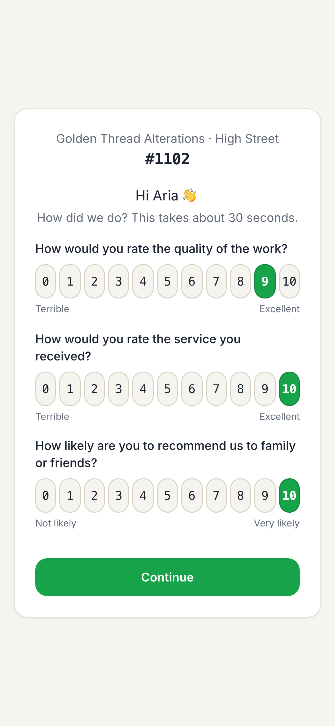 The survey on a phone: quality, service and recommendation scales, 0 to 10.