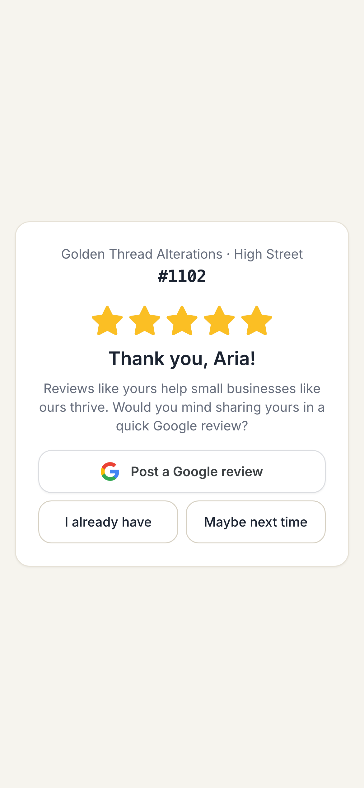 The review step: five stars, a thank-you, and a Post a Google review button.