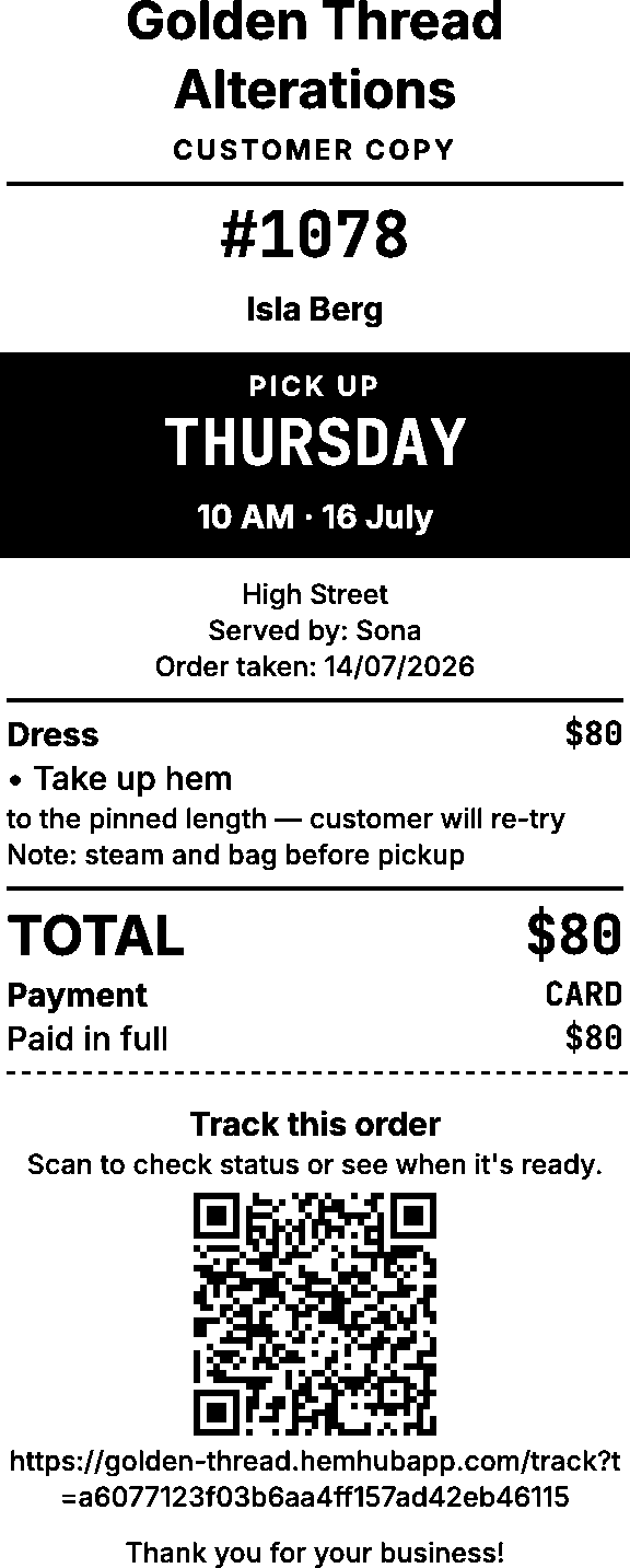 The printed customer receipt: pickup day in a black band, items, total, paid in full, and the tracking QR code.