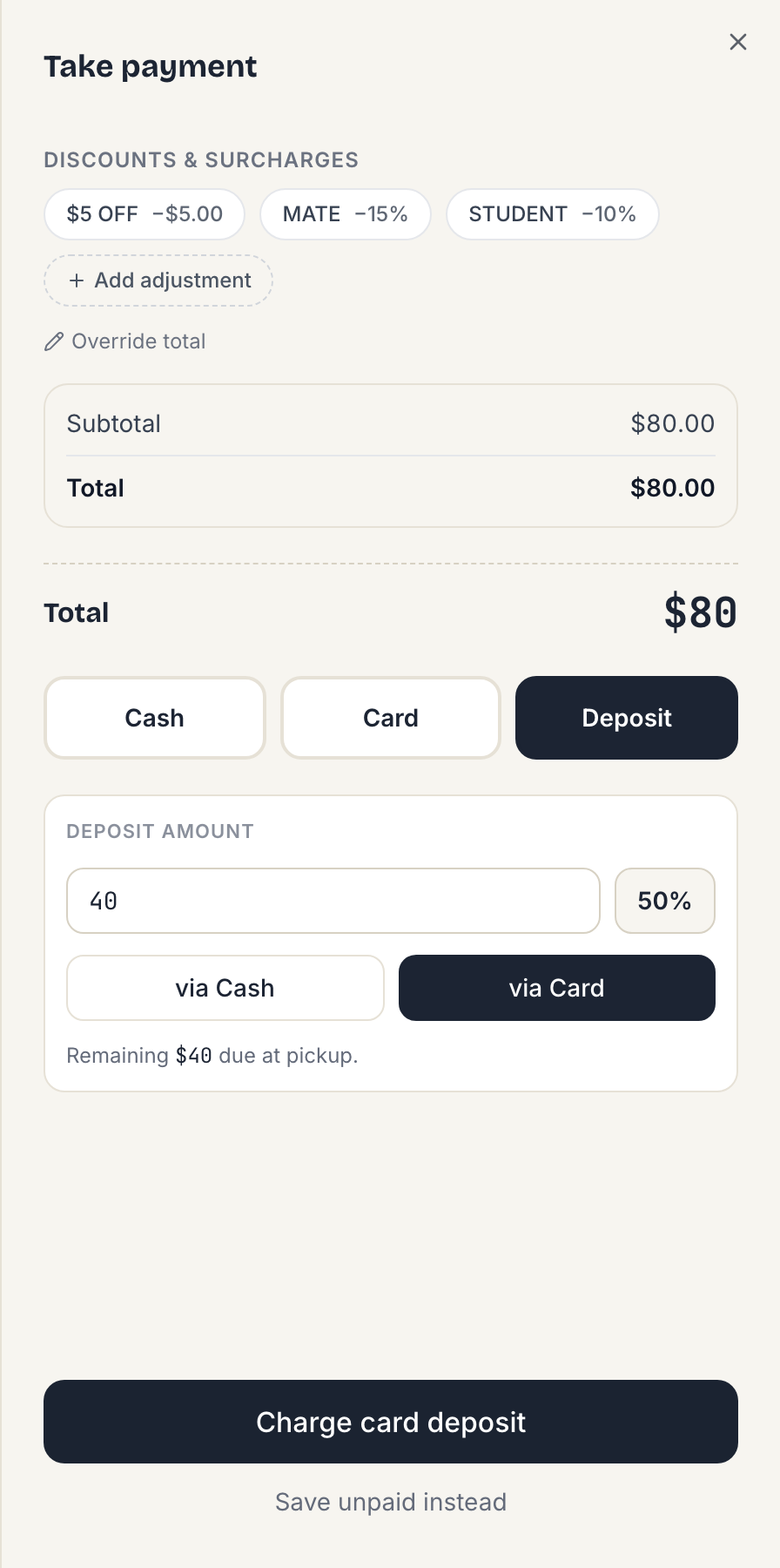 The payment sheet with Deposit selected: $40 of an $80 total via the 50% shortcut, remaining $40 due at pickup, and a Save-unpaid option.